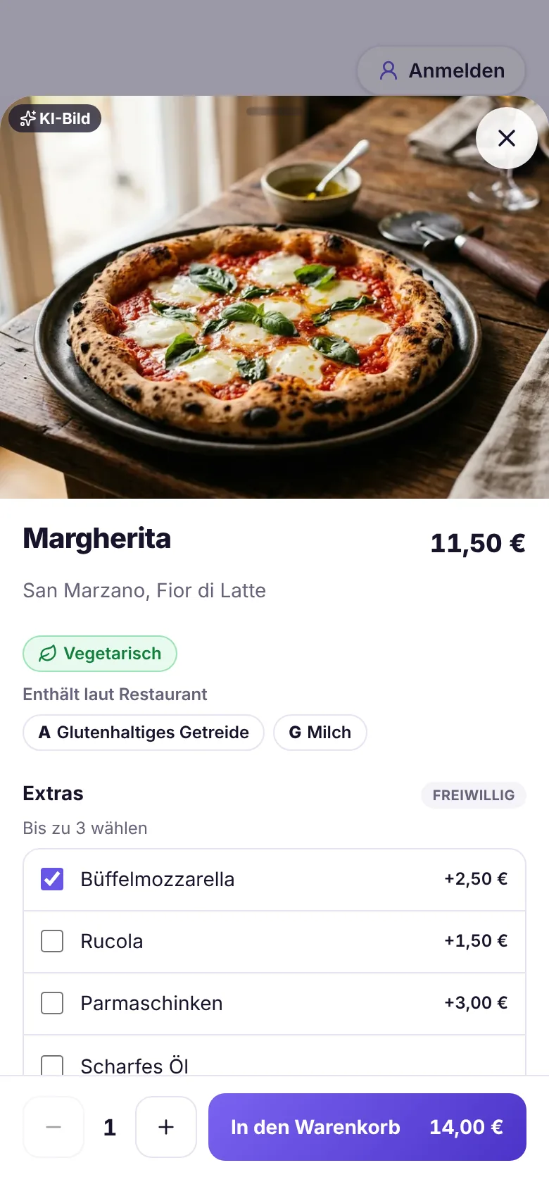 Bildschirmfoto: Bestellseite – Jedes Gericht mit Bild, Allergenen und Wunsch