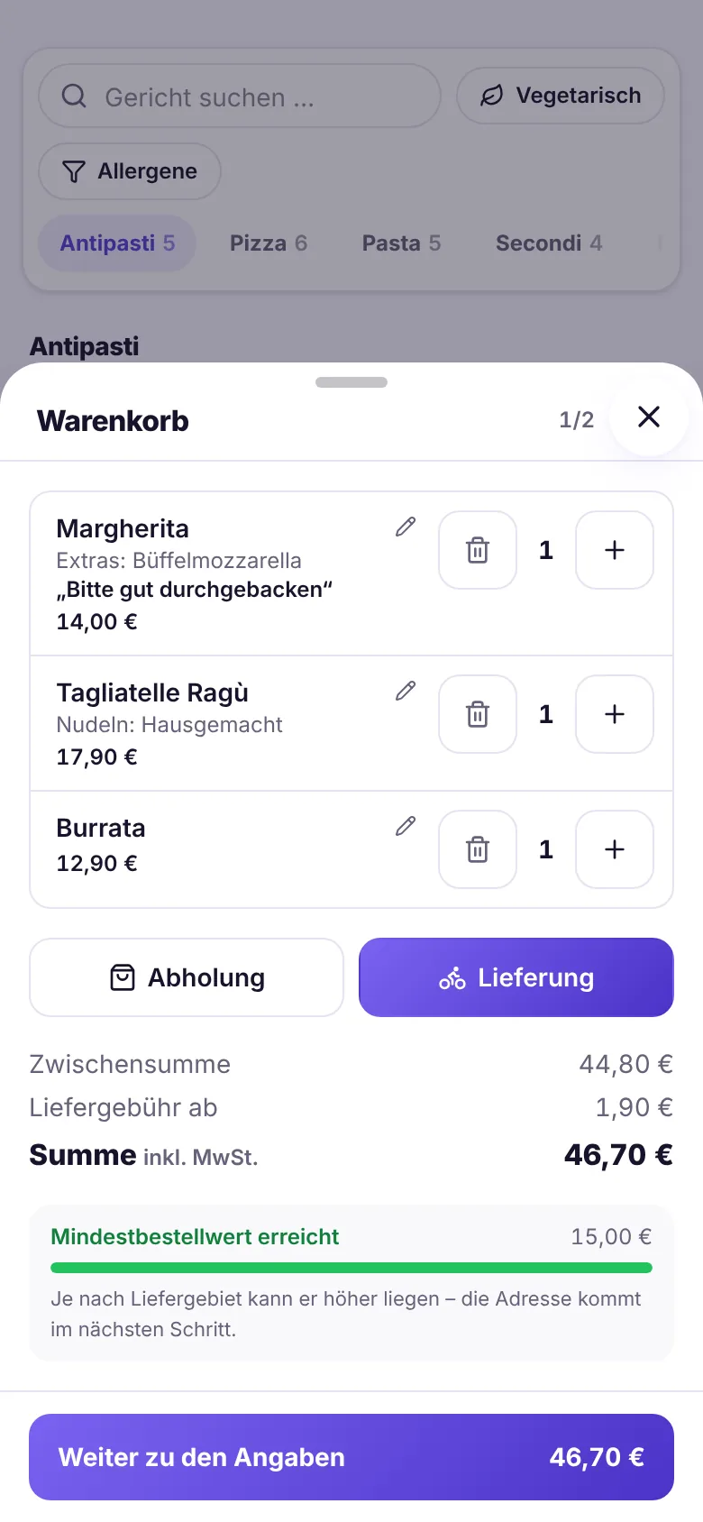 Bildschirmfoto: Der Warenkorb