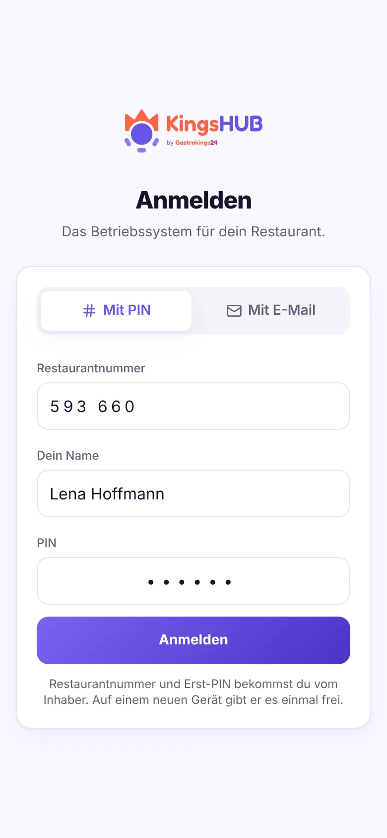 Bildschirmfoto: Anmelden mit PIN – Keine E-Mail? Kein Problem.